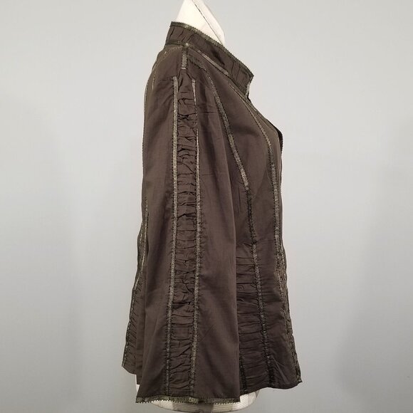 W Work Weekend M Mandarin Collar Embellished Shirt Ruched Panels Ribbon Trim Brn - Picture 6 of 8